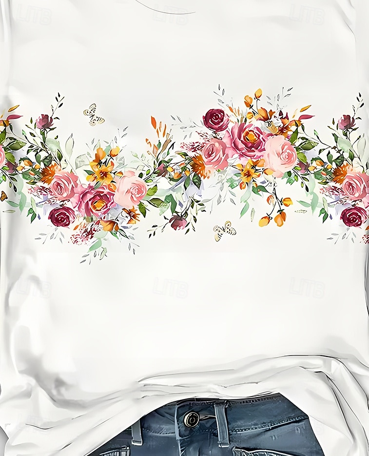 Dame T skjorte Blomstret Grafisk Planter Stilfull Moderne Fritid Kortermet Crew-hals Rund hals Vanlige topper Daglig Ut på byen Helg Trykt mønster Hvit Sommer Vår 2025 - $19.99 –P3