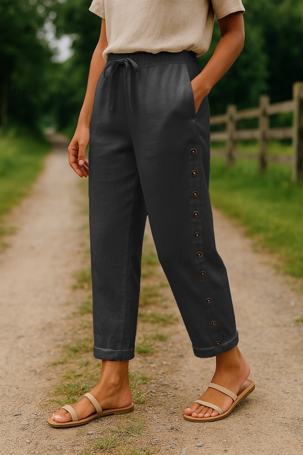 Femmes Pantalon en coton et lin Confort Longueur complète Taille haute Uni Avec Poches Ceinture Élastique Confortable Extérieur Rue Tenue quotidienne Sortir Noir Blanche Bleu Kaki Été Coupe régulière de 2025 ? $28.99 –P5