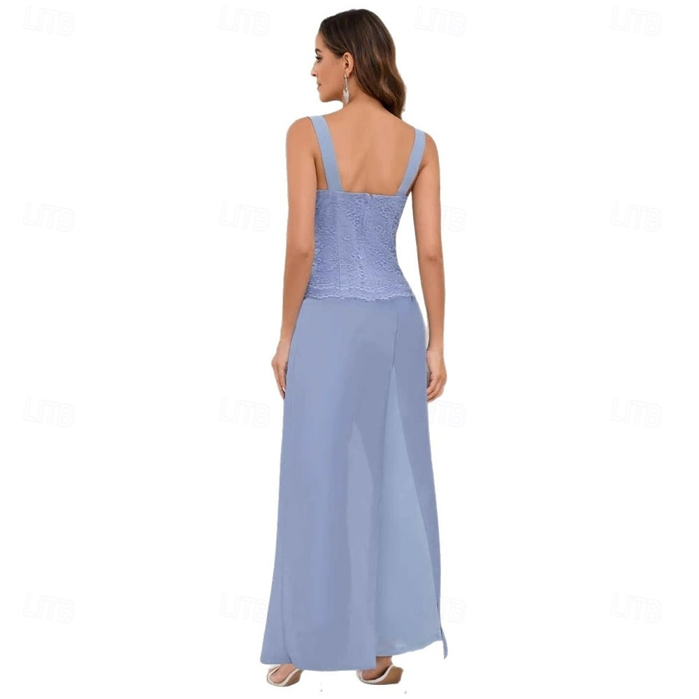 Hosenanzug Brautmutterkleid Hochzeitsgast Elegant Quadrathals Bodenlang Polyester Spitze Langarm mit Einfarbig 2025 2025 - $99.99 –P4