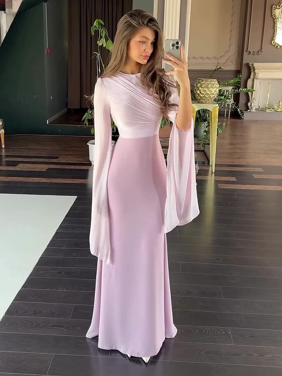A-Linie Partykleider Elegant Kleid Formell Hochzeit Bodenlang Langarm Rundhalsausschnitt Satin mit Stickerei 2025 2025 - $79.99 –P5