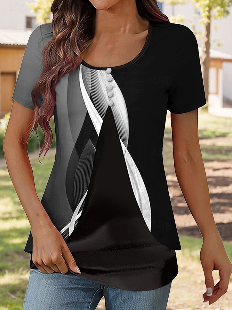 Dame T skjorte Grafisk Geometrisk Elegant Årgang Stilfull Kortermet Crew-hals Rund hals Vanlige topper Daglig Ut på byen Lapper Knapper Lag-på-lag Svart Sommer Vår 2025 - $23.99 –P1