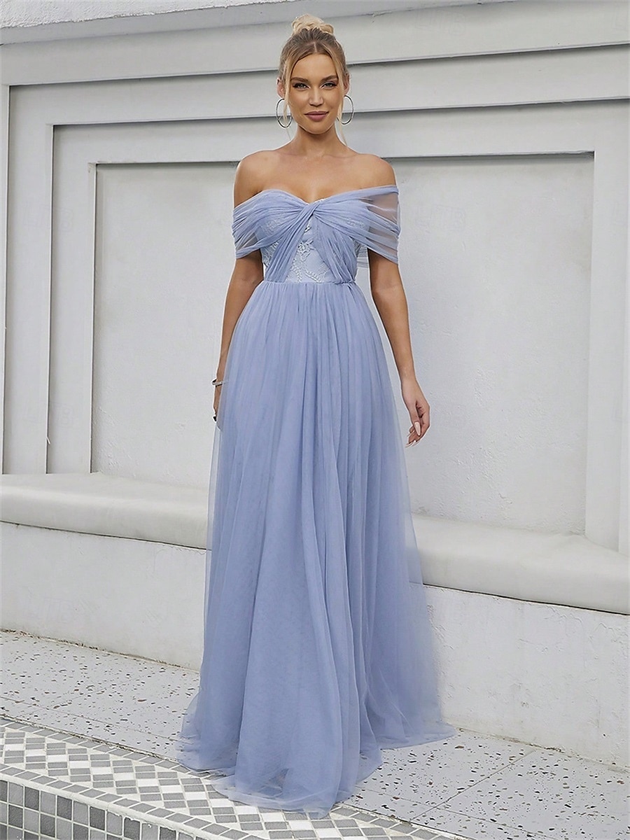 Linha A Vestido de Madrinha Ombro a Ombro Sem Manga Elegante Longo Tule com Cor Única 2022 de 2025 por $86.99 –P2
