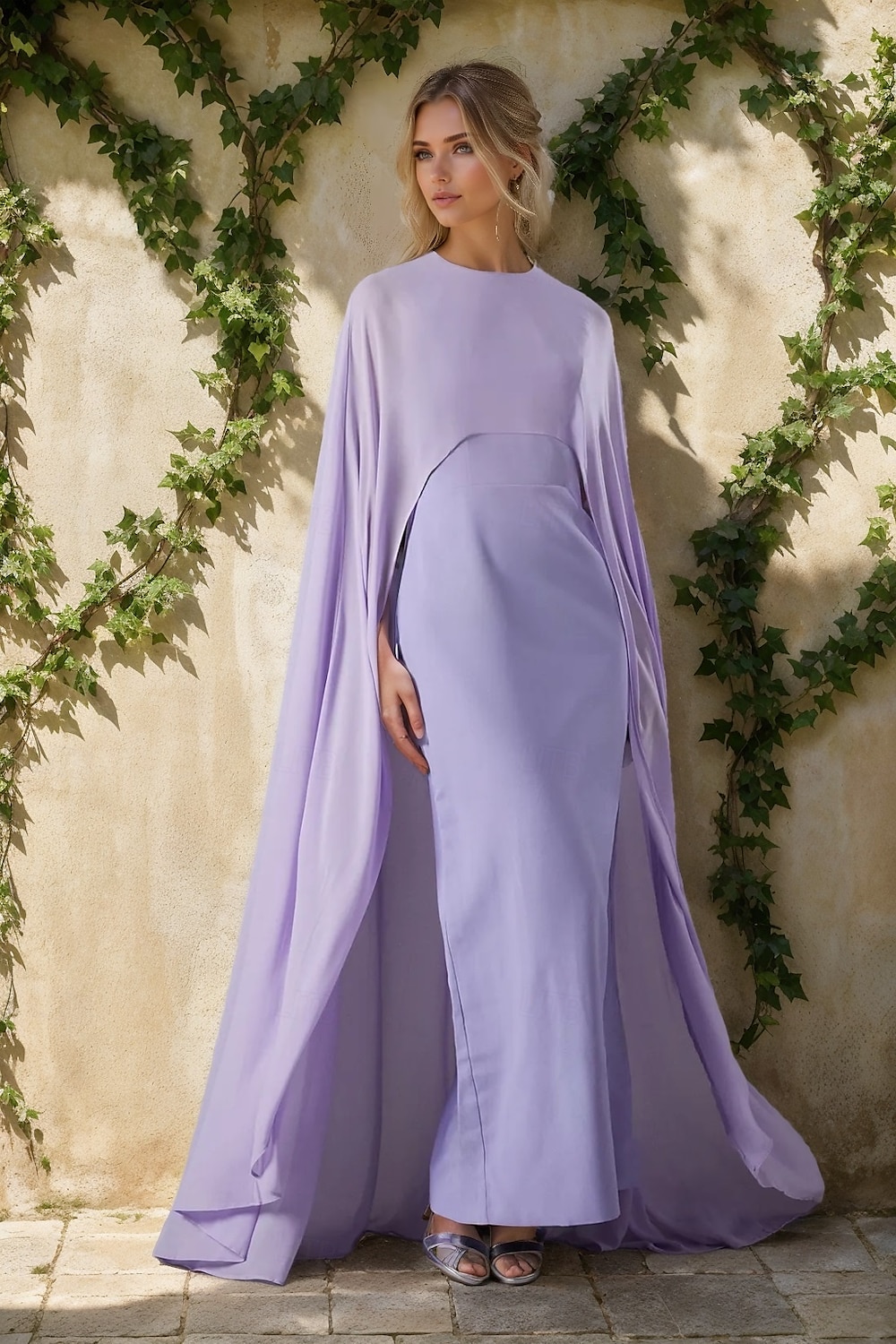Cape Kleid Sheath  Column Abendkleid Elegantes Kleid Formale Hochzeit Bodenlang Ärmellos Rundhalsausschnitt Chiffon 2025 - $148.99 –P1