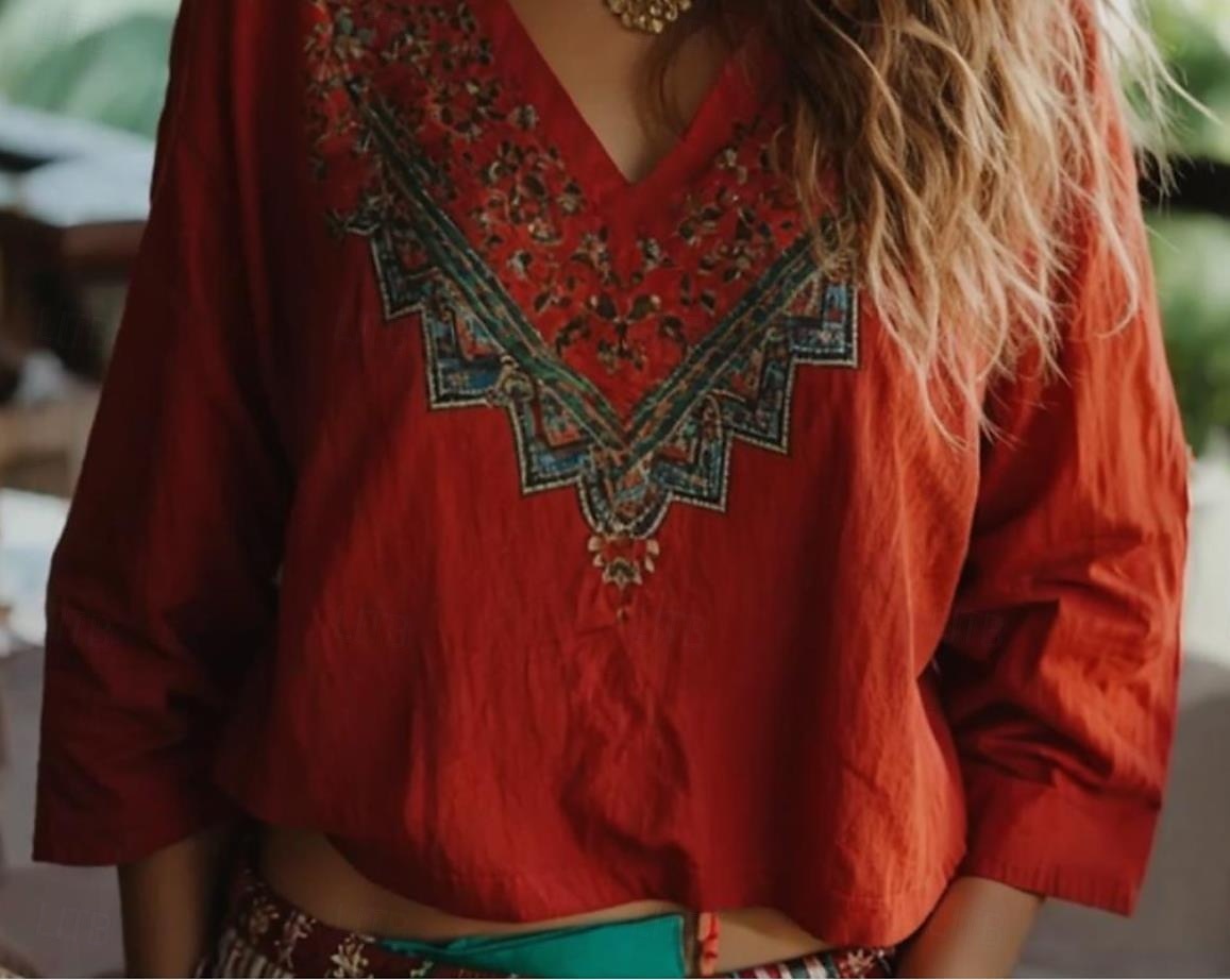 Boho Bluse Damen Floral Grafik Bohemia Vintage Tropisch 3/4-Länge Ärmel V-Ausschnitt Reguläre Oberteile Rot Sommer Frühling 2026 - $27.99 –P3