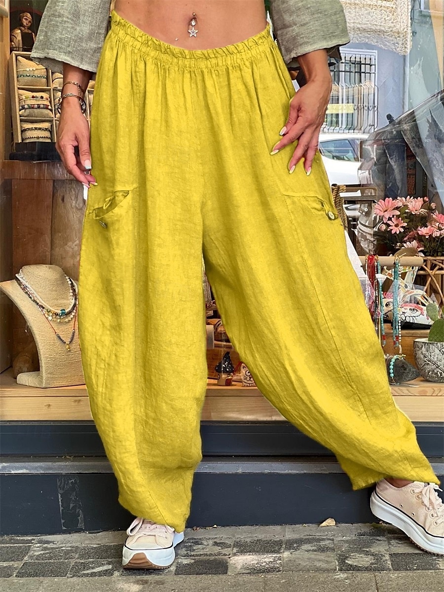 Calças Baggy Femininas de Pernas Largas de Cor Sólida Moda Bloomers Básico Comprimento Total Cintura Média Lisa com Bolso Cintura Elástica Conforto ao Ar Livre Microelástico Férias Rua Diário Dourado de 2025 por $25.99 –P8