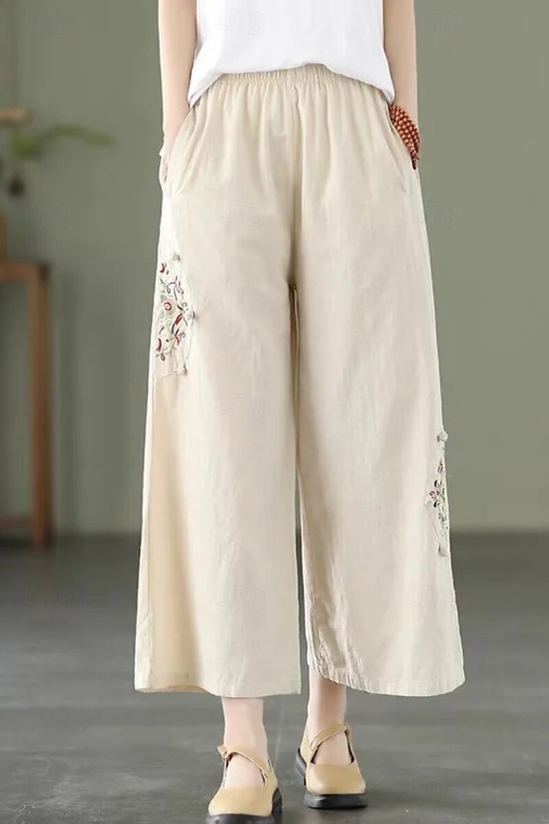 Per donna Pantaloni in cotone e lino Moda Streetwear Lunghezza intera Naturale Floreale Ricamato Tasca Elastico in vita Comodo All'aperto Confortevole All'aperto Vacanza Ferie Aalbicocca Blu cielo del 2025 a $22.99 –P6