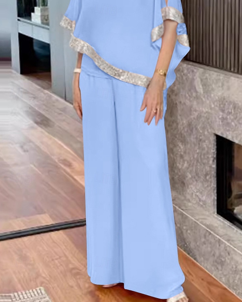 Tuta Due Pezzi Abito Madre della Sposa Elegante Vintage Semplice Scollatura Rotonda Lunghezza a Terra Chiffon Manica Mezza con Paillettes del 2025 a $99.99 –P3