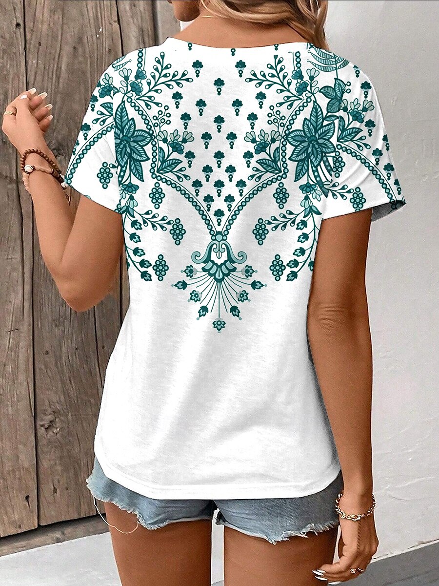 Damen T Shirt Grafik Stammes Vintage Stilvoll Lässig Kurzarm V Ausschnitt Normale Oberteile Täglich Druck Weiß Sommer Frühling 2025 - $19.99 –P2