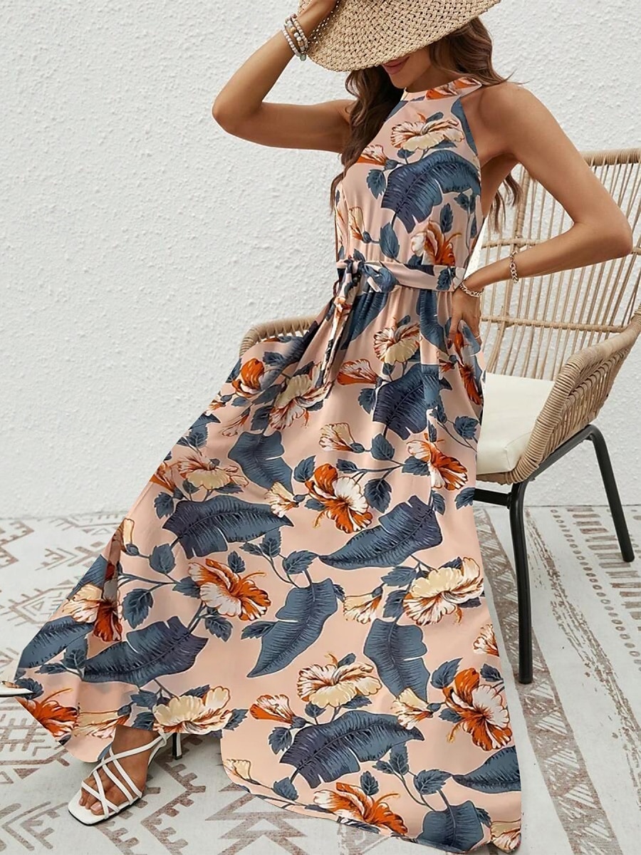 Dam Maxiklänning A linjeklänning Off Shoulder Klänning Semester Ledigt Boho Utomhus Utekväll Normal Grafisk Paisley Ärmlös Halterneck Blå Purpur Brun Aprikos Sommar 2025 - $29.99 –P17