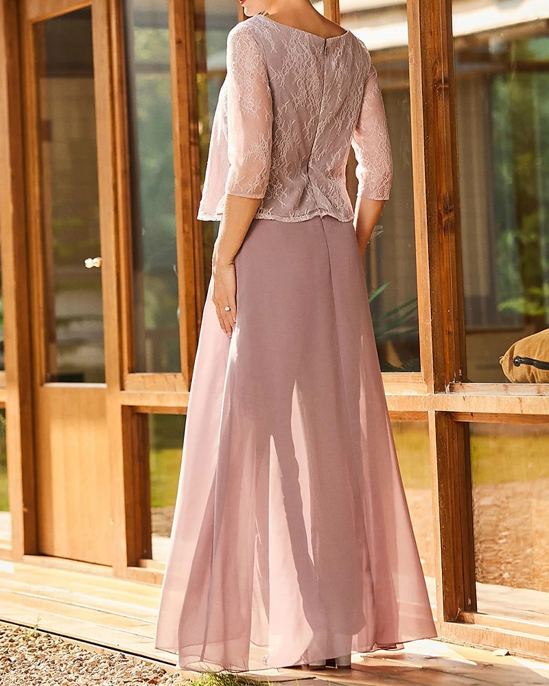 Two Piece Jumpsuit / Pantsuit Mother of the Bride Dress Elegant Simple Minimalist Crew Neck Floor Length Chiffon Half Sleeve with Lace 2025 - $149.99 –P2