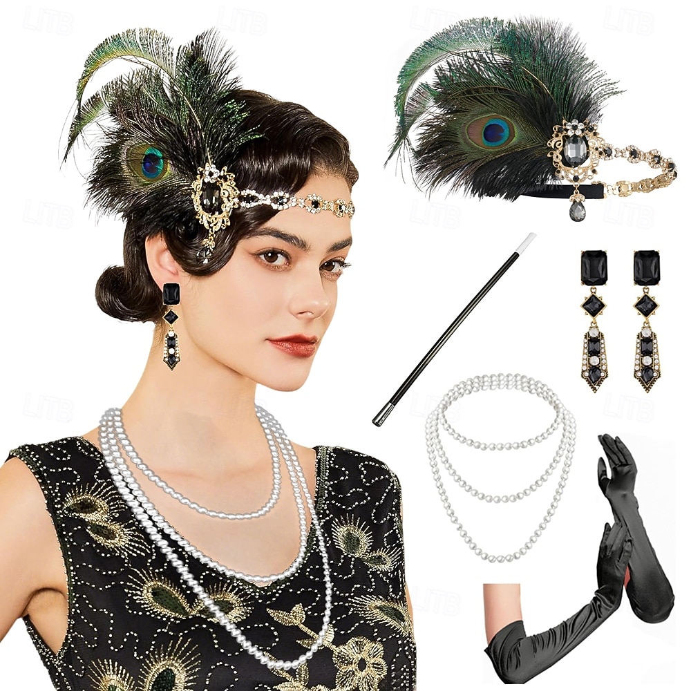 1920-tallet Den store Gatsby Flapperpannebånd i 1920-stil Den store Gatsby Fjær Kontor / Bedrift Glitrende glitter Krystall / Rhinstein Kostyme Dame Karneval Valentinsdag Maskerade Festkveldsklær 2025 - $24.99 –P1