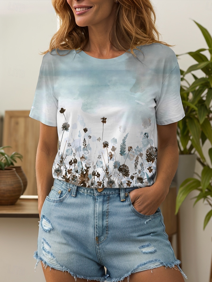 Femmes T-shirt A Ombre Fleuri Graphique ancien Élégant Classique Manche Courte Col ras du cou Col rond Hauts Réguliers Quotidien Imprimé Rose Claire Violet Vert Été Printemps de 2025 ? $19.99 –P4