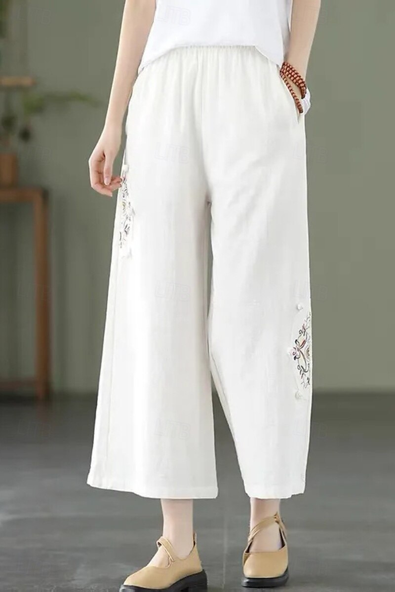 Per donna Pantaloni in cotone e lino Moda Streetwear Lunghezza intera Naturale Floreale Ricamato Tasca Elastico in vita Comodo All'aperto Confortevole All'aperto Vacanza Ferie Aalbicocca Blu cielo del 2025 a $22.99 –P2