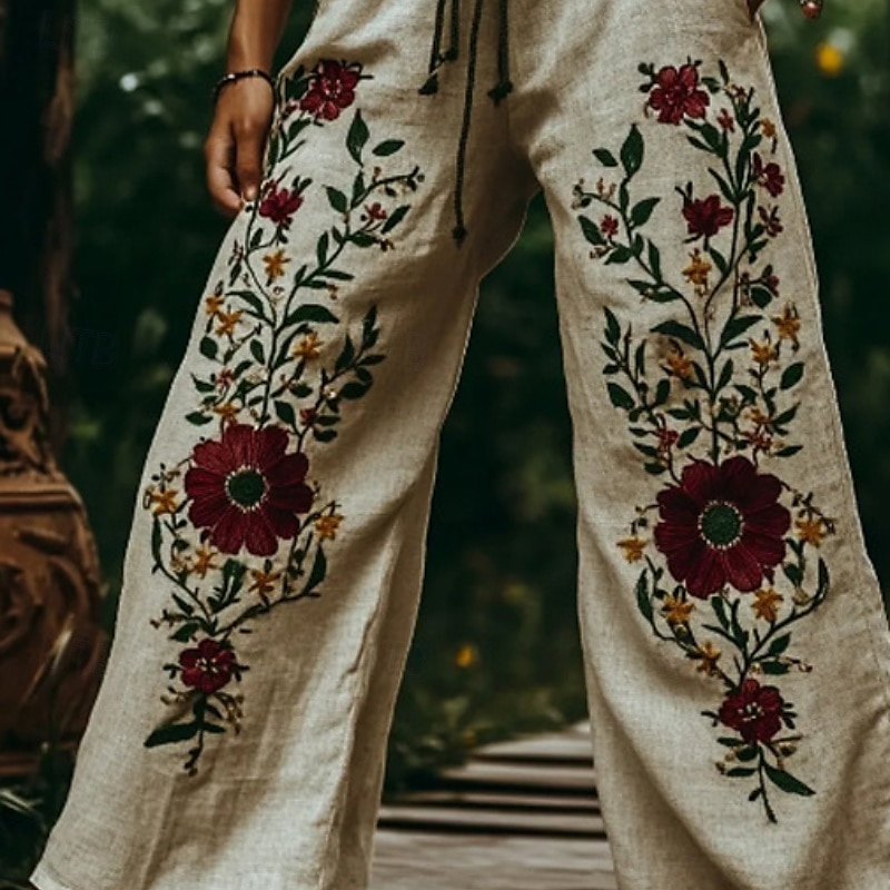 Dame Bukser Fritid Bohem Full lengde Naturlig Blomsternål i krystall Lomme Elastisk midje Printer comfy Utendørs Bekvem Dagligdagstøy Ut på byen Beige Sommer Normal 2025 - $19.99 –P3