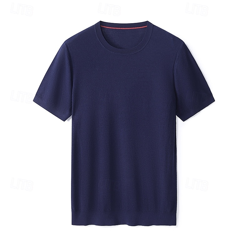 męska jedwabna bawełniana mieszanka lyocellu t-shirt krótki rękaw okrągły dekolt lato gładki żakard elegancki klasyczny okrągły dekolt minimalistyczny wakacje dom bawełna czarny niebieski granatowy top koszulka męska 2025 - $46.99 –P19