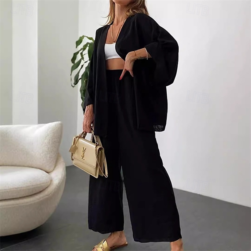 Femmes Mode Streetwear Ensembles en coton et lin Ensembles deux pièces Ensembles de Pantalons Manche Courte Col en V Uni Tenue quotidienne Date Noir Vert Kaki Été Coupe régulière de 2025 ? $37.99 –P2