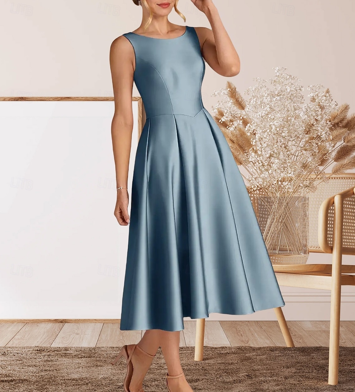 Robe cocktail A-Line élégante robe de retour à la maison cocktail party longueur thé sans manches col rond satin avec plis de 2025 ? $162.99 –P4