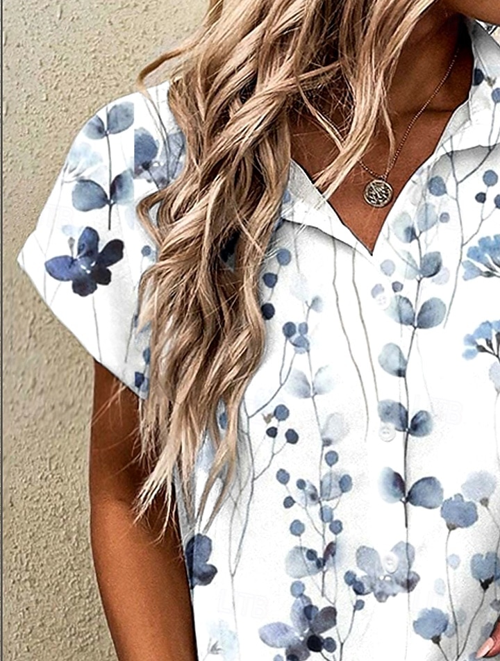 Women's Shirt Floral Graphic Vintage Tropical Daily Short Sleeve Cap Sleeve Shirt Collar Long Tops Daily Light Blue Summer Spring 2025 - $25.99 –P2