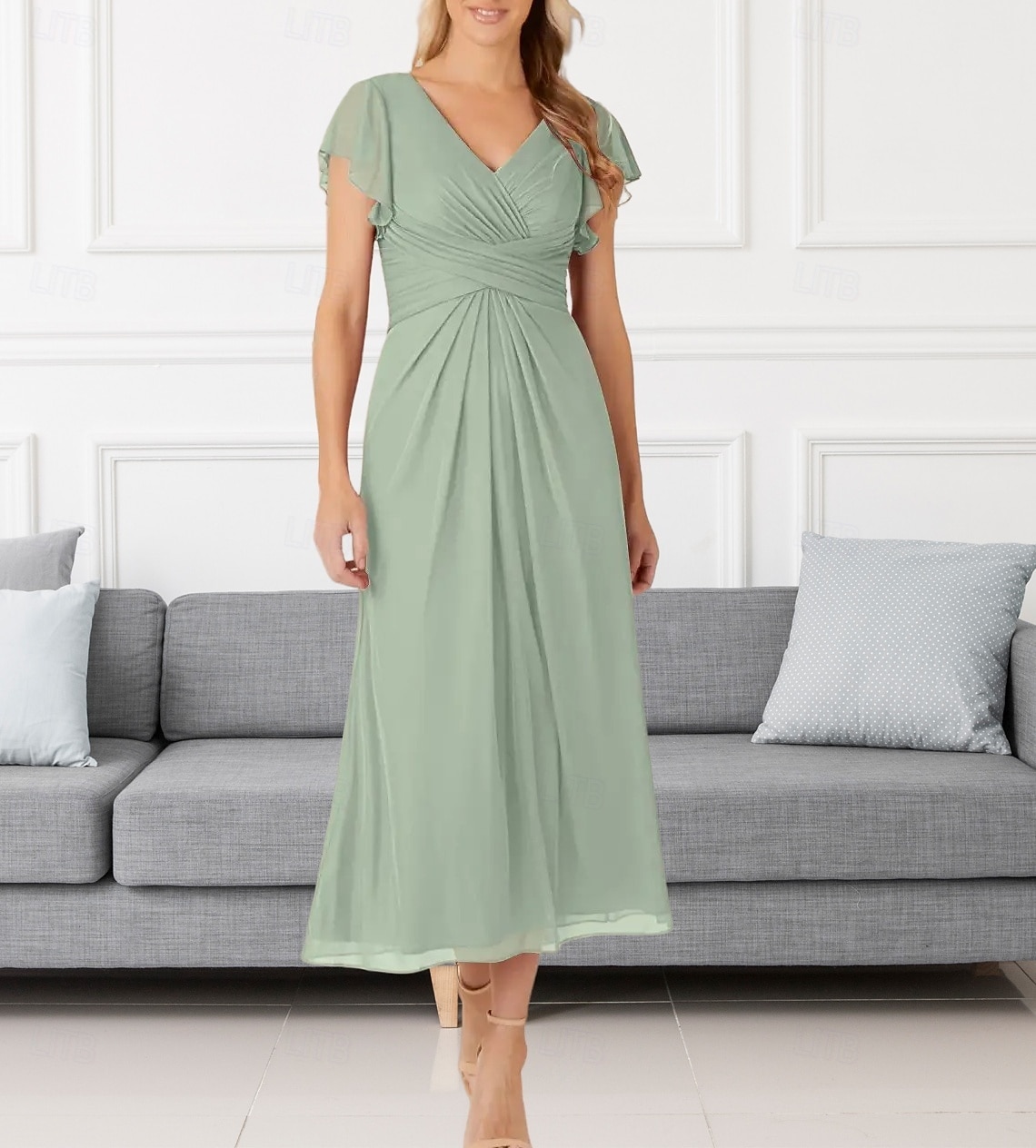 A-Line Wedding Guest Dresses Elegant Dress Wedding Guest Engagement Tea Length Short Sleeve V Neck Chiffon with Pleats Ruched 2025 - $158.99 –P1