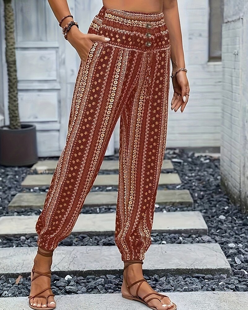 Mujer Persona que practica jogging Pantalones Vacaciones Boho Longitud total Media cintura Geométrico Cintura elástica Transpirable Cómodo Microelástico Calle Ropa Cotidiana Noche Morrón Oscuro 2025 - $19.99 –P19