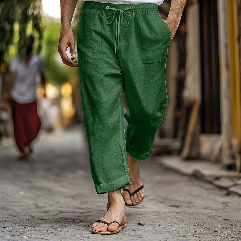 Men's Linen Pants Trousers Summer Pants Beach Pants Pocket Drawstring Elastic Waist Plain Comfort Breathable Vacation Daily Holiday Hawaiian Boho Dark Brown Lake blue 2025 - $18.99 –P13