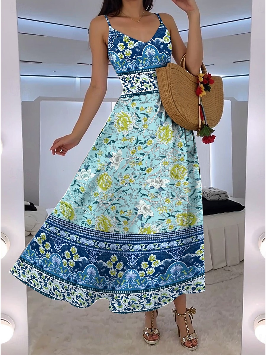 Damen Maxikleid A Linie Kleid Unterkleid Urlaub Lässig Boho Ausgehen Strand Standard Passform Blumen Grafik Ärmellos V Ausschnitt Rote Blau Grün Sommer Frühling 2025 - $28.99 –P3