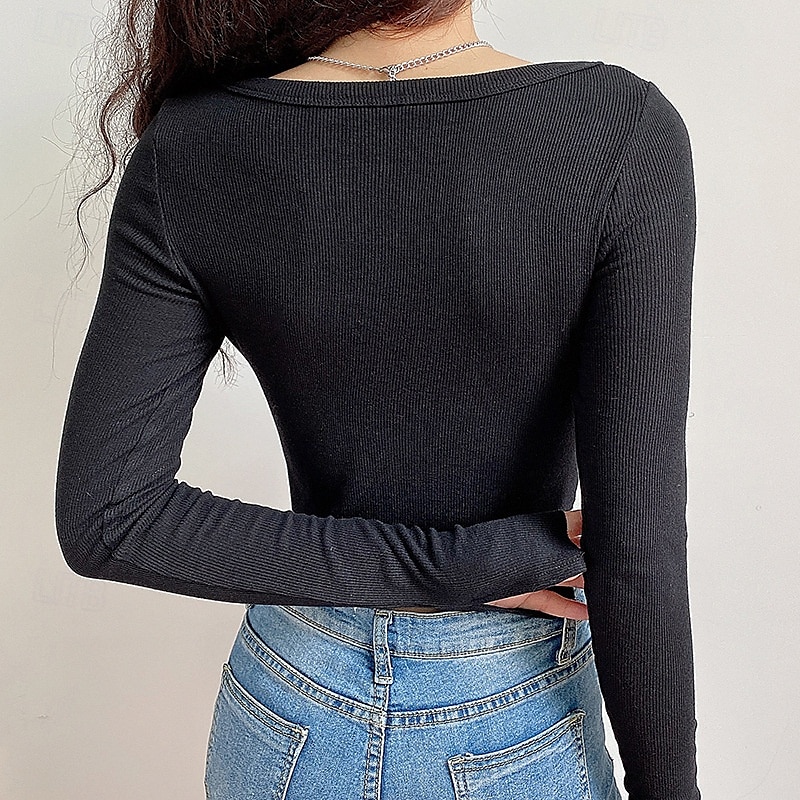 Damen Bluse Einfach Modern Langarm V Ausschnitt Crop Tops Täglich Ferien Ausgehen Knöpfe Schwarz Weiß Grau Sommer 2025 - $15.99 –P10
