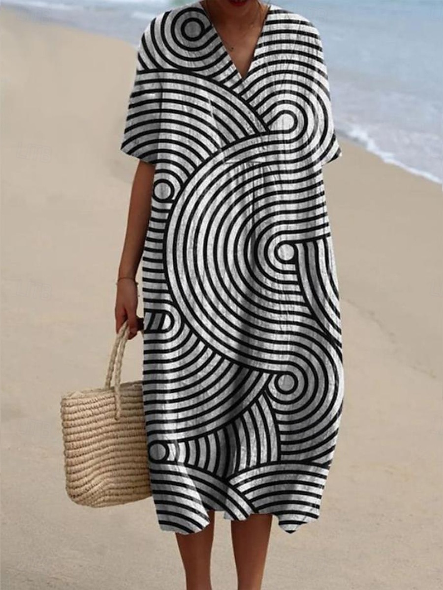 Dame Midikjole Solkjole Kjole med A-linje Ferie Fritid Strandstil Fest Ut på byen Strand Løstsittende Grafisk Geometrisk Kortermet V-hals Hvit+Svart Mørkebrun Aske Sommer Vår 2025 - $37.99 –P2