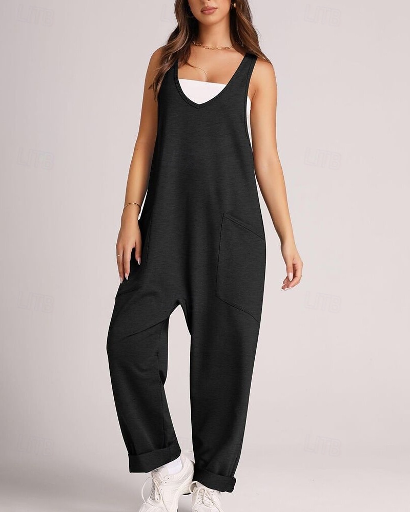 tuta salopette normale da donna streetwear tinta unita senza maniche scollo a V tasche per uscire fine settimana vestibilità regolare nero verde chiaro rosa estate del 2026 a $26.99 –P9