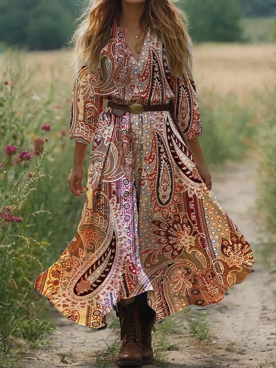 Kvinners Boho Kjole Vestlands Kjole Maxi Kjole Solkjole Plissert Kjole Ferie Uformell Boho Går Ut Strand Standard Passform Grafikk Paisley 3/4 Lengde Erme V Uten Hvit Blå Oransje Grønn Sommer Vår 2025 - $35.99 –P2