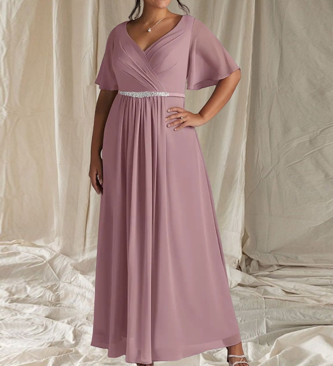 Rochii pentru Invitată la Nuntă în Formă de A Rochie Elegantă Invitată la Nuntă Lungime Până la Sol Mâneci Jumătate Guler în V Chiffon cu Pliseuri Ruching Mărgelare 2025 - $169.99 –P3