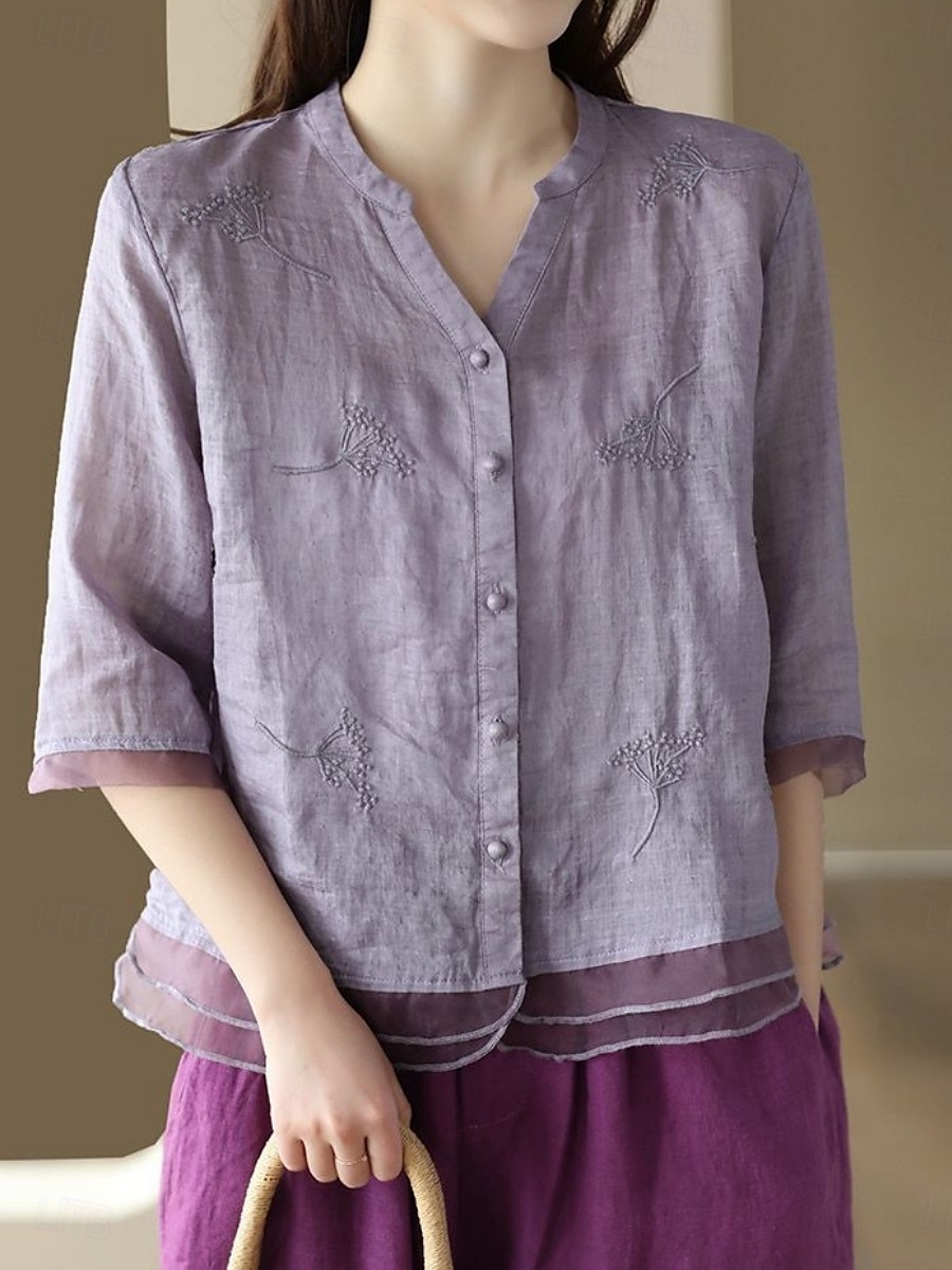 Women's Shirt Solid Color Basic Casual 3/4 Length Sleeve Shirt Collar Regular Tops Daily Mesh Patchwork Buttons White Yellow Pink Purple Summer 2025 - $22.99 –P10
