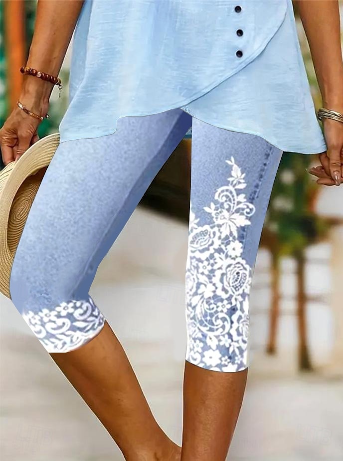Pantaloni Capri din leggings pentru femei elasticitate ridicată modă vintage de vacanță lungime până la gambe talie mijlocie imprimare florală grafică respirabil moale vacanță casual zilnic albastru 2025 - $18.99 –P1