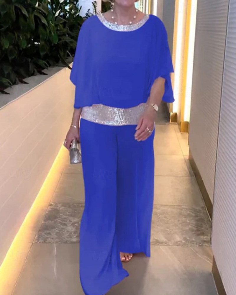 Two Piece Jumpsuit / Pantsuit Mother of the Bride Pantsuit Elegant Vintage Simple Boat Neck Floor Length Chiffon Half Sleeve with Sequin 2025 - $99.99 –P9