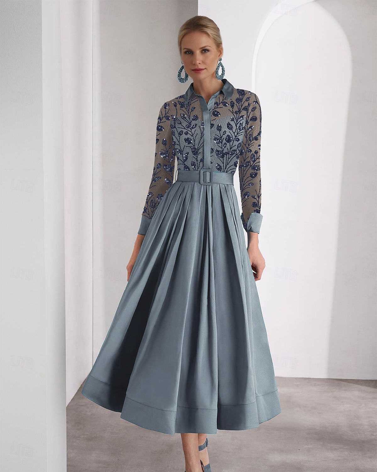 Blue Green Embroidered A-Line Cocktail Dresses Elegant Formal Wedding Guest Ankle Length Long Sleeve Shirt Collar Satin with Glitter Slit 2025 2025 - $172.99 –P1