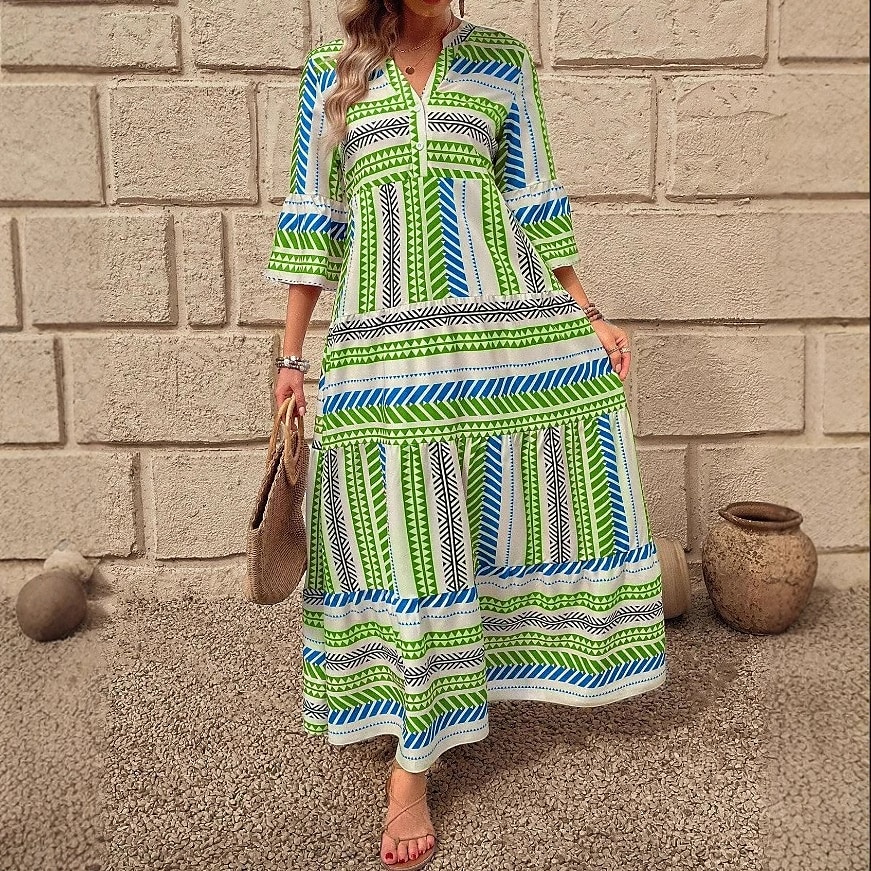 Dame Maxikjole Solkjole Kjole med A-linje Fit And Flare Dress Ferie Fritid Bohem utendørs Fest Ut på byen Normal Grafisk Geometrisk Stamme Ermeløs V-hals Rød Blå Grønn Sommer Vår 2025 - $36.99 –P7