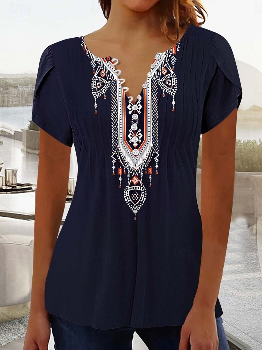 Dame Bluse Blomstret Grafisk Stilfull Fritid Kortermet V-hals Vanlige topper Daglig Knapper Trykt mønster Svart Gul Rosa Grønn Sommer 2025 - $23.99 –P1