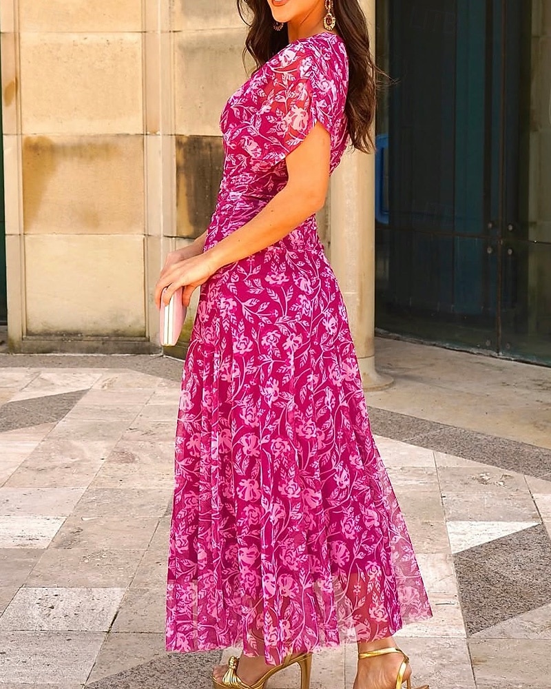 Hot Pink Floral Print Cocktail Dresses Elegant Dress Formal Wedding Tea  Length Short Sleeve Plunge Neck Chiffon with Ruffles Wedding Guest Dress  2026 - GBP 149