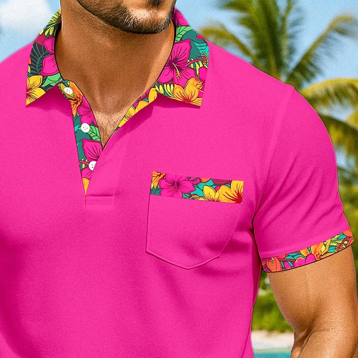 Men's Polo Golf Shirt Casual Holiday Lapel Short Sleeve Fashion Basic Floral Hawaii Patchwork Pocket Summer Spring Regular Fit Black Fuchsia Turquoise Polo 2026 - $21.99 –P2