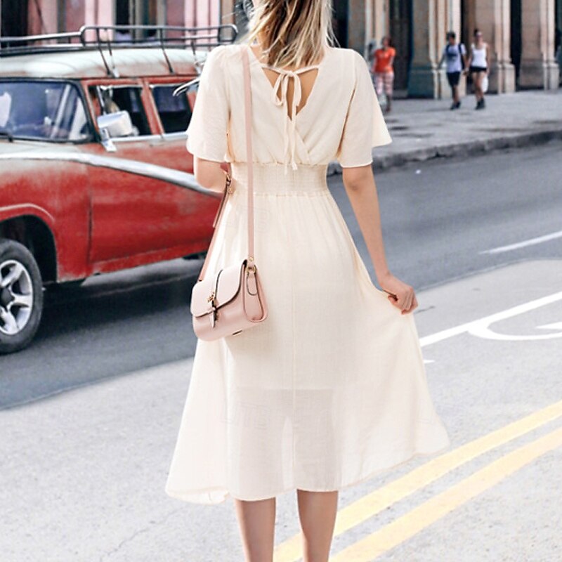 Dames Halflange jurk Cocktail jurk Bruiloft gast jurk Chiffon jurk Modieus Modern Vakantie Teaparty Weekend Normale pasvorm Effen Korte mouw V-hals Zwart Wit Blozend Roze Abrikoos Zomer 2025 - $23.99 –P8