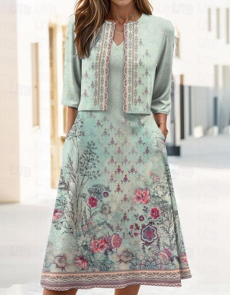 Ensemble de robe pour femmes Robe midi Robe évasée Fête Cocktail Imprimé floral Manches mi-longues Col en V Invité de mariage Quotidien Vert Été Printemps Coupe régulière de 2025 ? $36.99 –P1