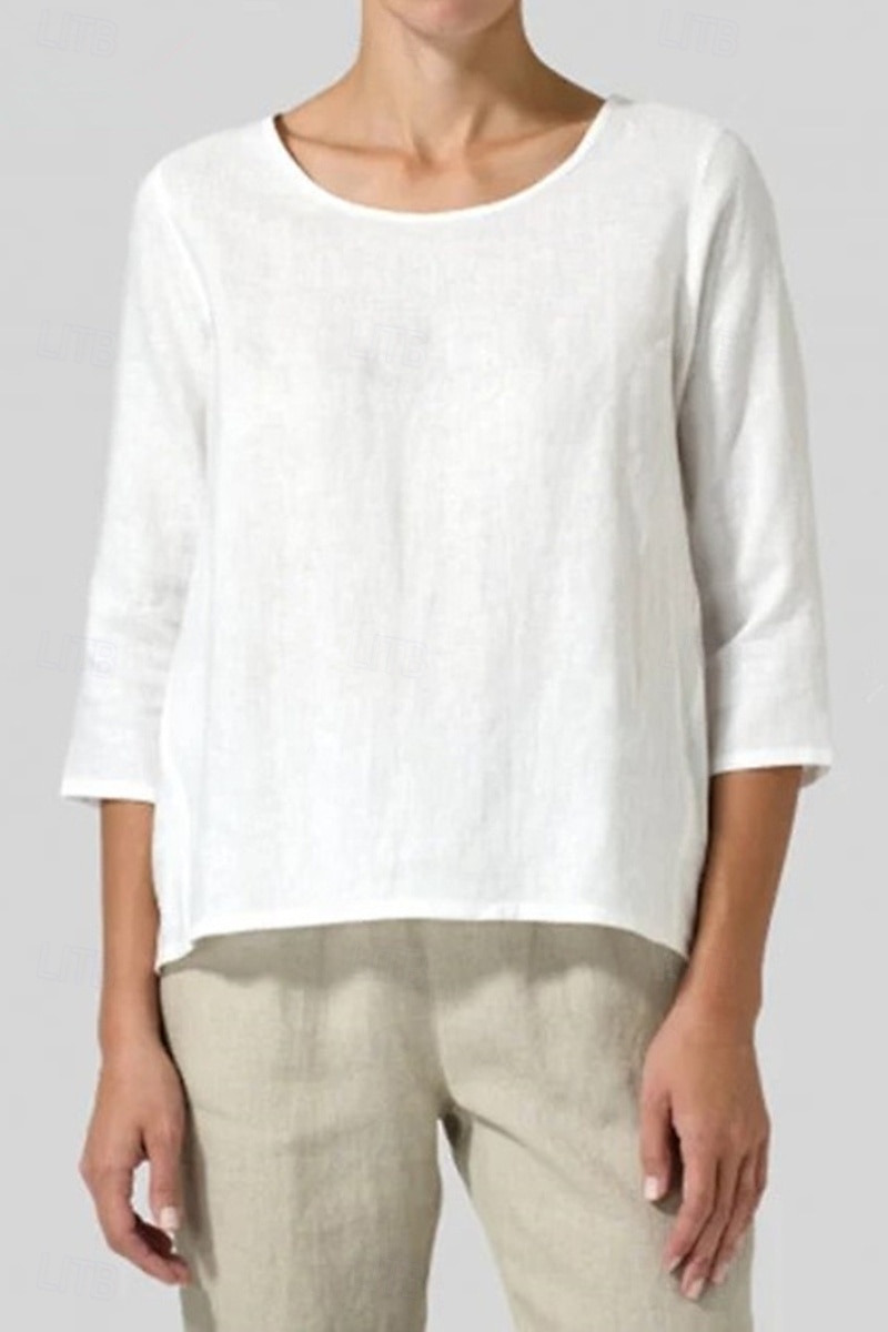 Femmes Chemisier Chemises en coton et lin Uni Basique Occasionnel Manche 3/4 Col ras du cou Hauts Réguliers Quotidien Fête Sortir Noir Blanche Rose Claire Vert Véronèse Gris Été de 2025 ? $22.99 –P1