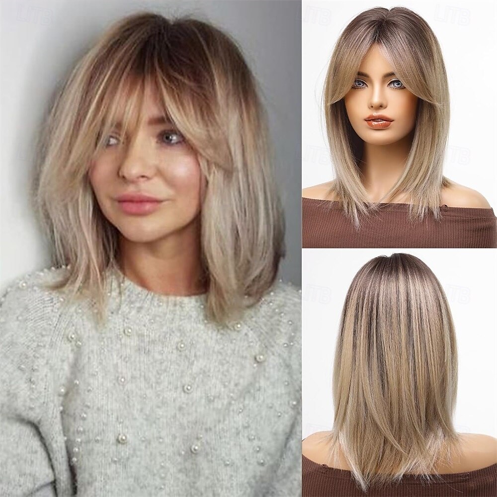blonde pruiken voor vrouwen schouderlang gelaagd haar met donkere wortels synthetische korte pruik met pony voor dagelijks gebruik of cosplay 2025 - $25.99 –P8
