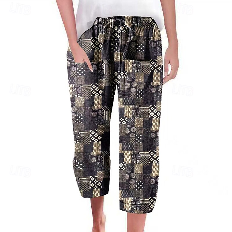 Dam Shorts i bomullslinne Linneinspirerade byxor Byxor av linne i bomull Mode Streetwear Vadlängd Naturlig Blomma Ficka Tryck Elastisk dragsko-design Bekväm Utomhus Semester Utekväll Magenta Svart 2025 - $29.99 –P2
