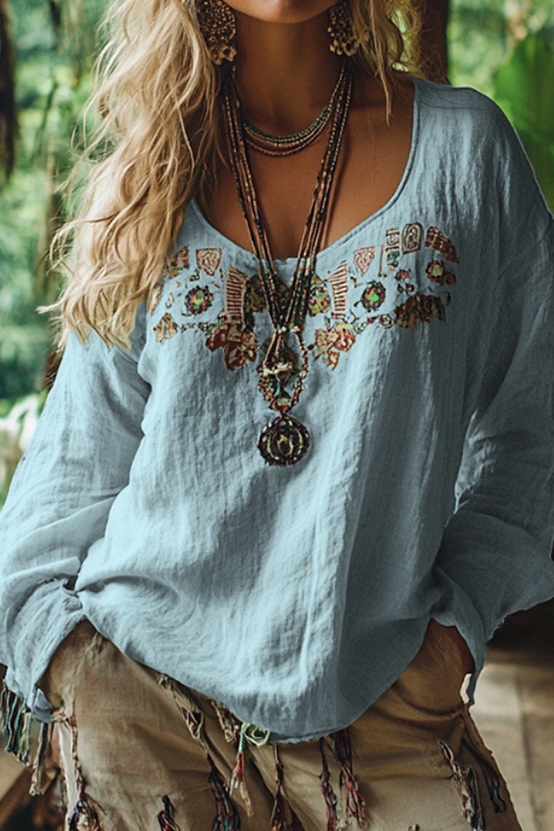 Femmes Chemisier occidental Chemise Bohème Chemisier Fleur Moderne Occasionnel Boho manche longue Col en V Hauts Réguliers Fête Sortir Imprimé Noir Vin Bleu Abricot Été de 2025 ? $21.99 –P3
