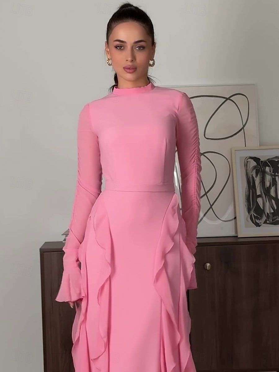 A-Lijn Roze Elegante Jurk Bruiloft Bruiloft Gast Vloerlengte Lange Mouw Hoge Hals Chiffon Met Ruffles 2025 - $89.99 –P4