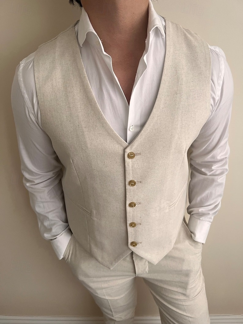 Completi da matrimonio in lino da uomo beige estate a tinta unita sagomati a 2 pezzi del 2025 a $73.99 –P2