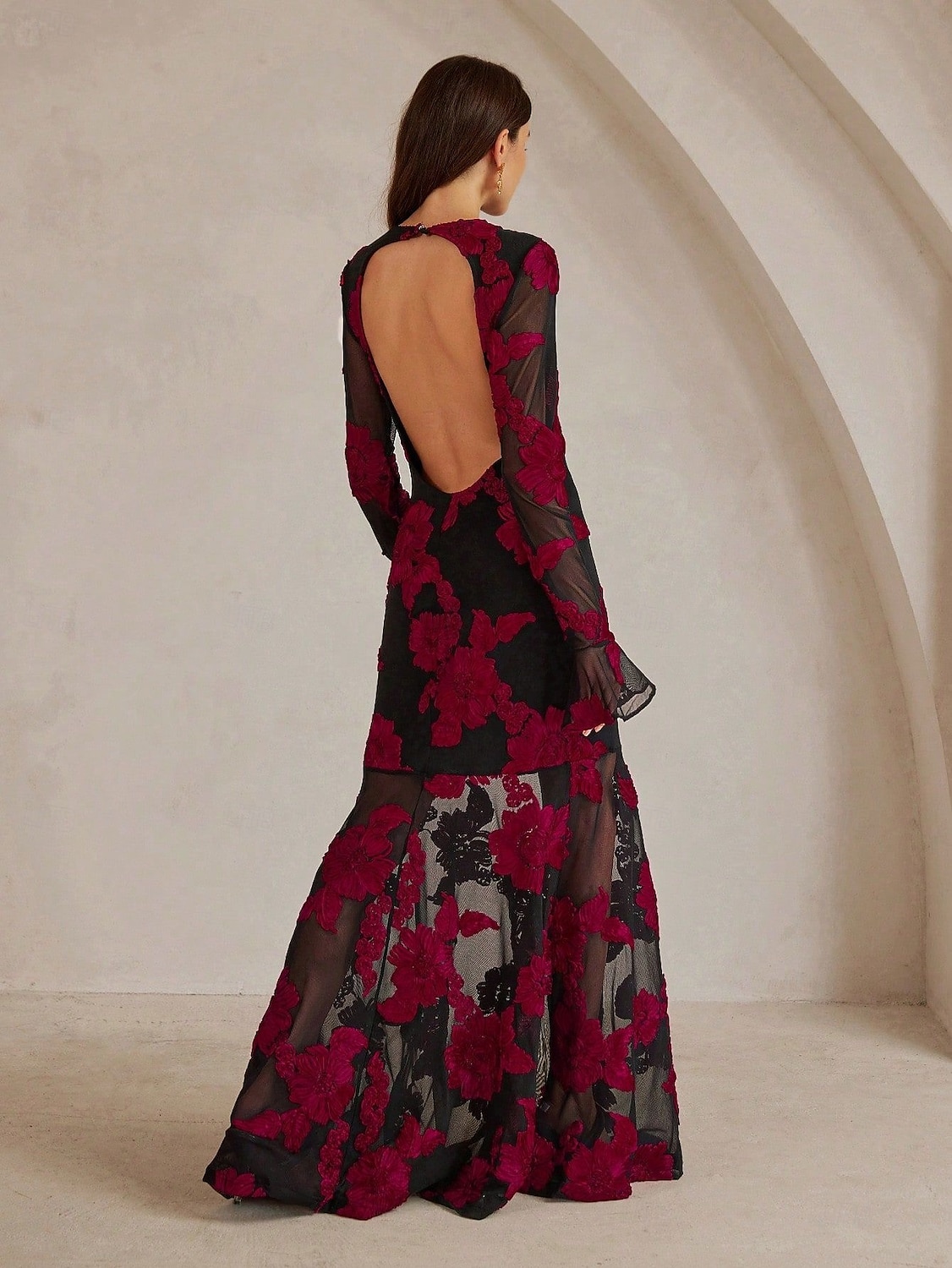Floral Lace Applique A-Line Evening Gown Elegant Dress Semi Formal Wedding Guest Dress Floor Length Flared Long Sleeve Crew Neck 2025 - $158.99 –P3