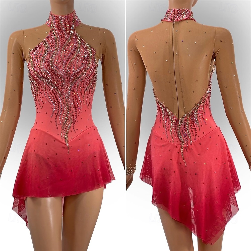 Vestido de patinaje artístico Mujer Chica Patinaje Sobre Hielo Vestidos Rojo Dedo Pulgar Costura asimétrica Malla Alta elasticidad Entrenamiento Competición Ropa de Patinaje Clásico Cristal / Strass 2025 - $182.99 –P1