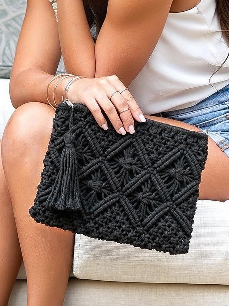 női kézzel szőtt boho crossbody táska – vintage makramé válltáska bojttal tengerparti nyaraláshoz és hétköznapi ruhákhoz szín fekete fehér rózsaszín 2025 - $14.99 –P1